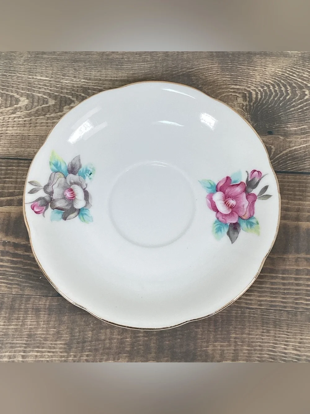 Vintage Shafford Japan Hand Painted Pink & Gray Floral Roses Teacup & Saucer Set